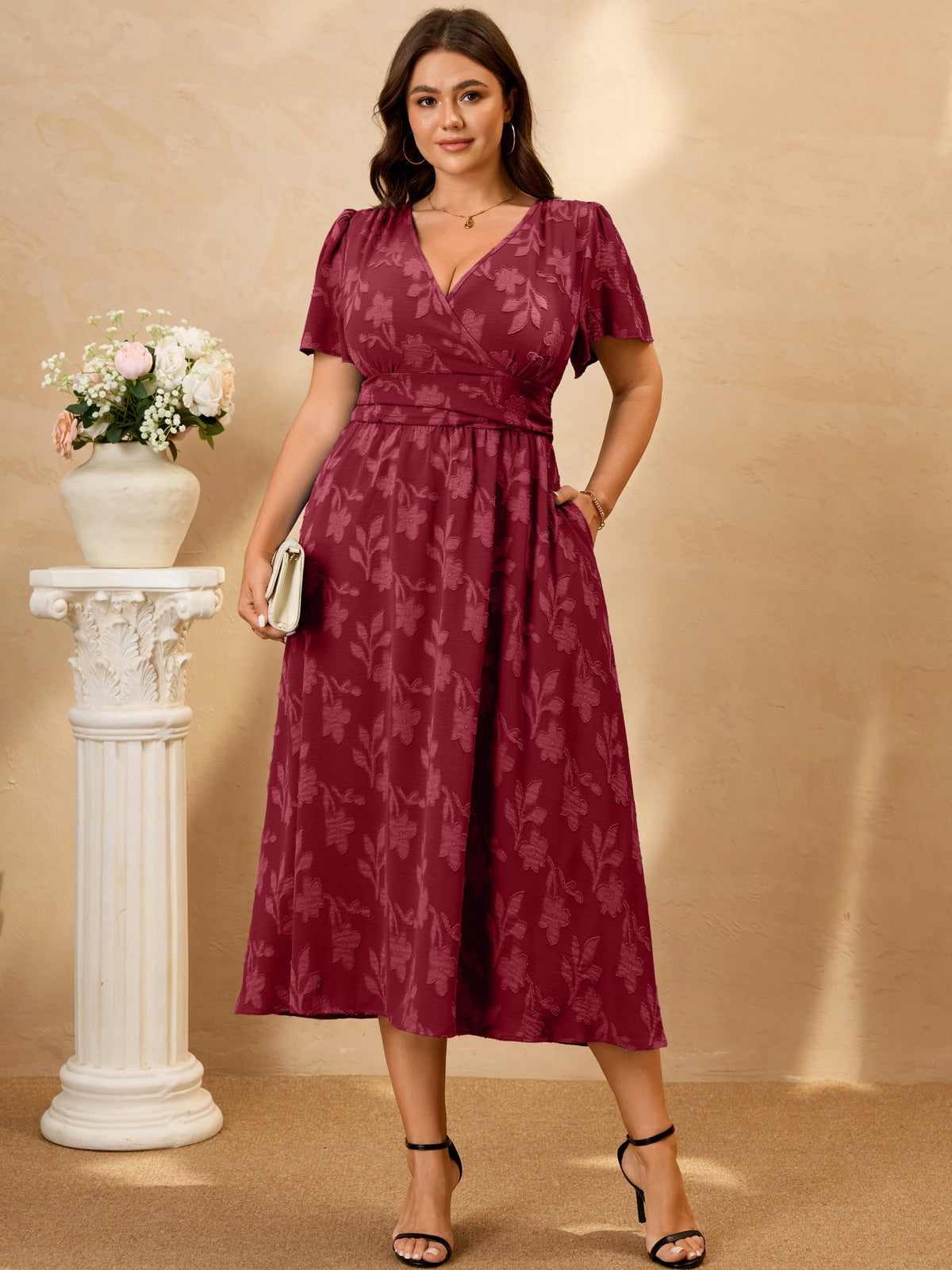 Plus Size Lace V-Neck Midi Dress — Burgundy gallery image 2