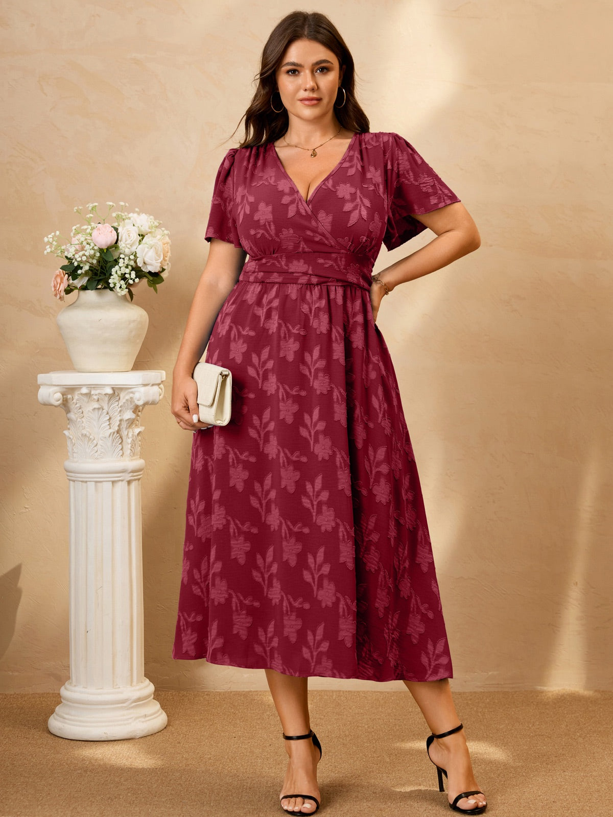 Plus Size Lace V-Neck Midi Dress — Burgundy gallery image 3