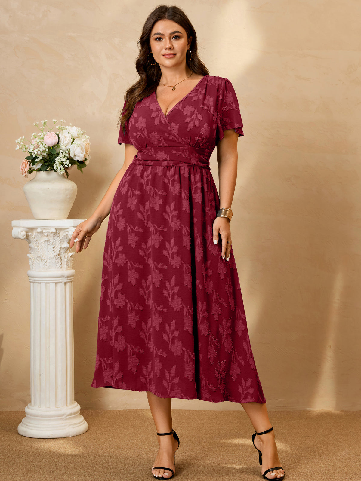 Plus Size Lace V-Neck Midi Dress — Burgundy additional non-white image