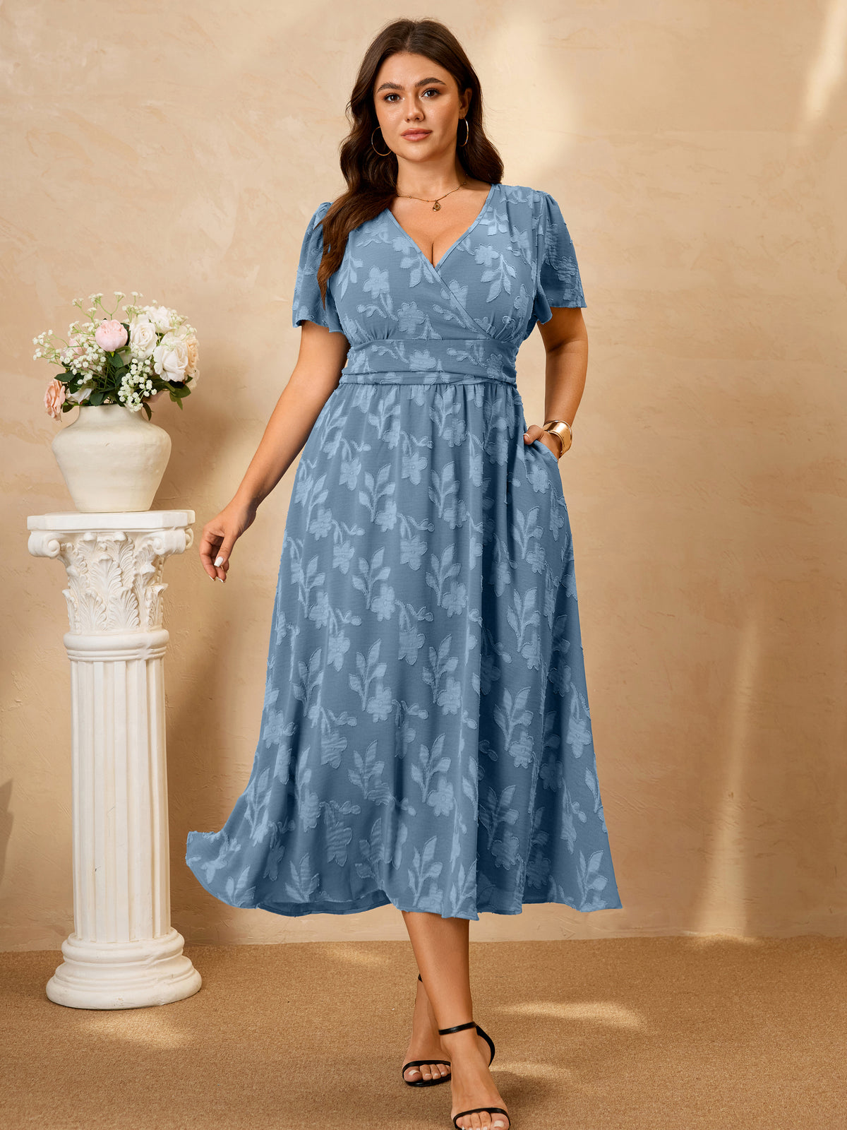 Plus Size Lace V-Neck Midi Dress — Dusty Blue additional non-white image