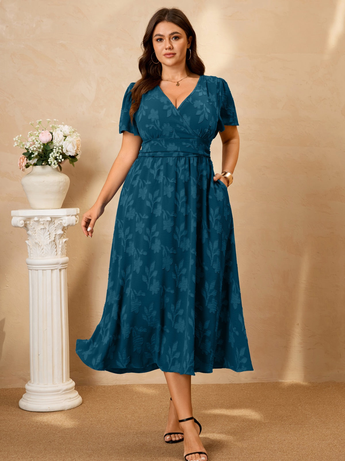 Plus Size Lace V-Neck Midi Dress — Lake Blue gallery image 2