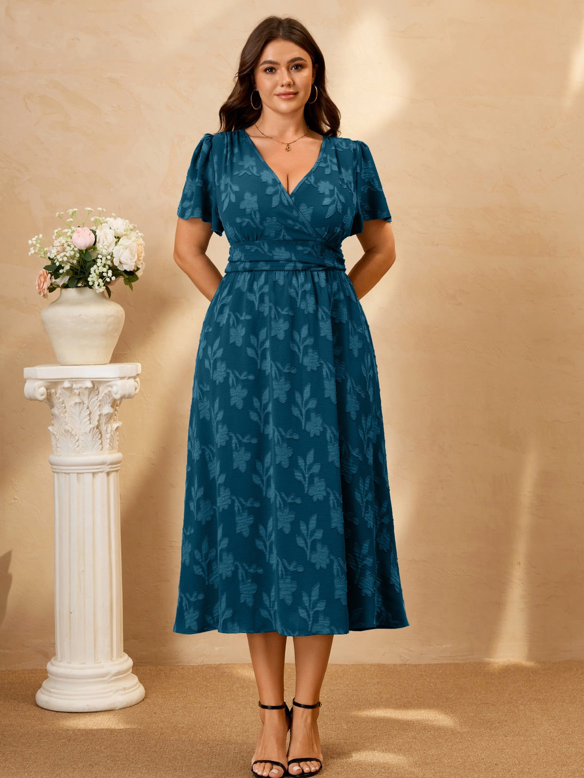 Plus Size Lace V-Neck Midi Dress — Lake Blue gallery image 3