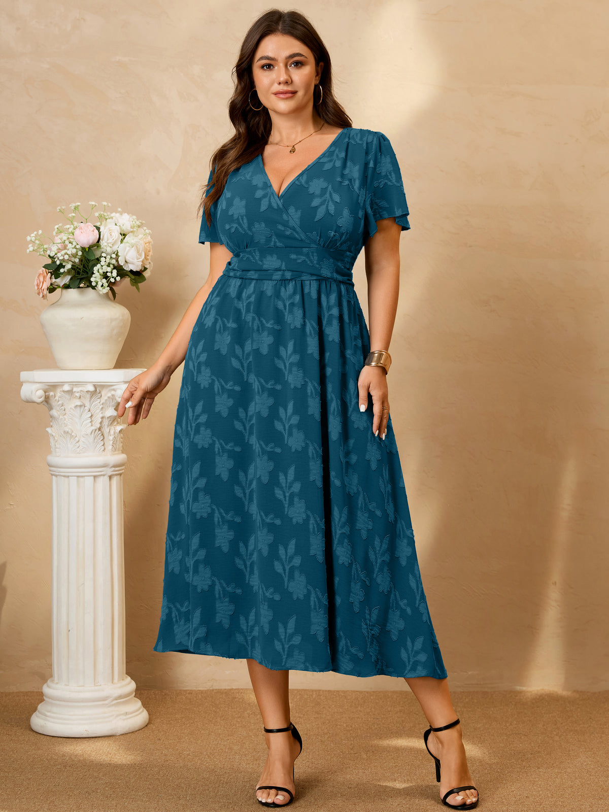 Plus Size Lace V-Neck Midi Dress — Lake Blue additional non-white image