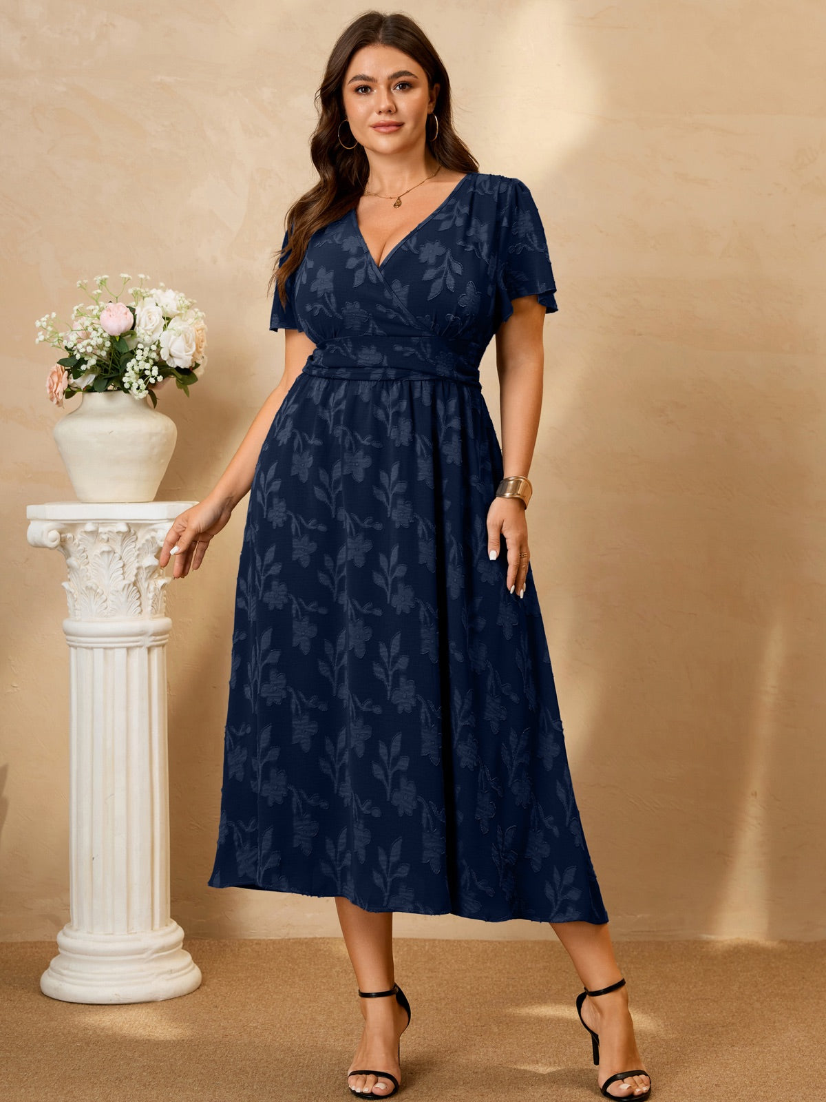 Plus Size Lace V-Neck Midi Dress — Navy Blue gallery image 3