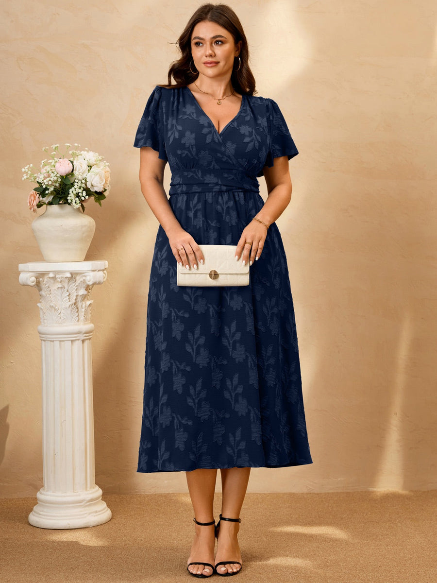 Plus Size Lace V-Neck Midi Dress — Navy Blue