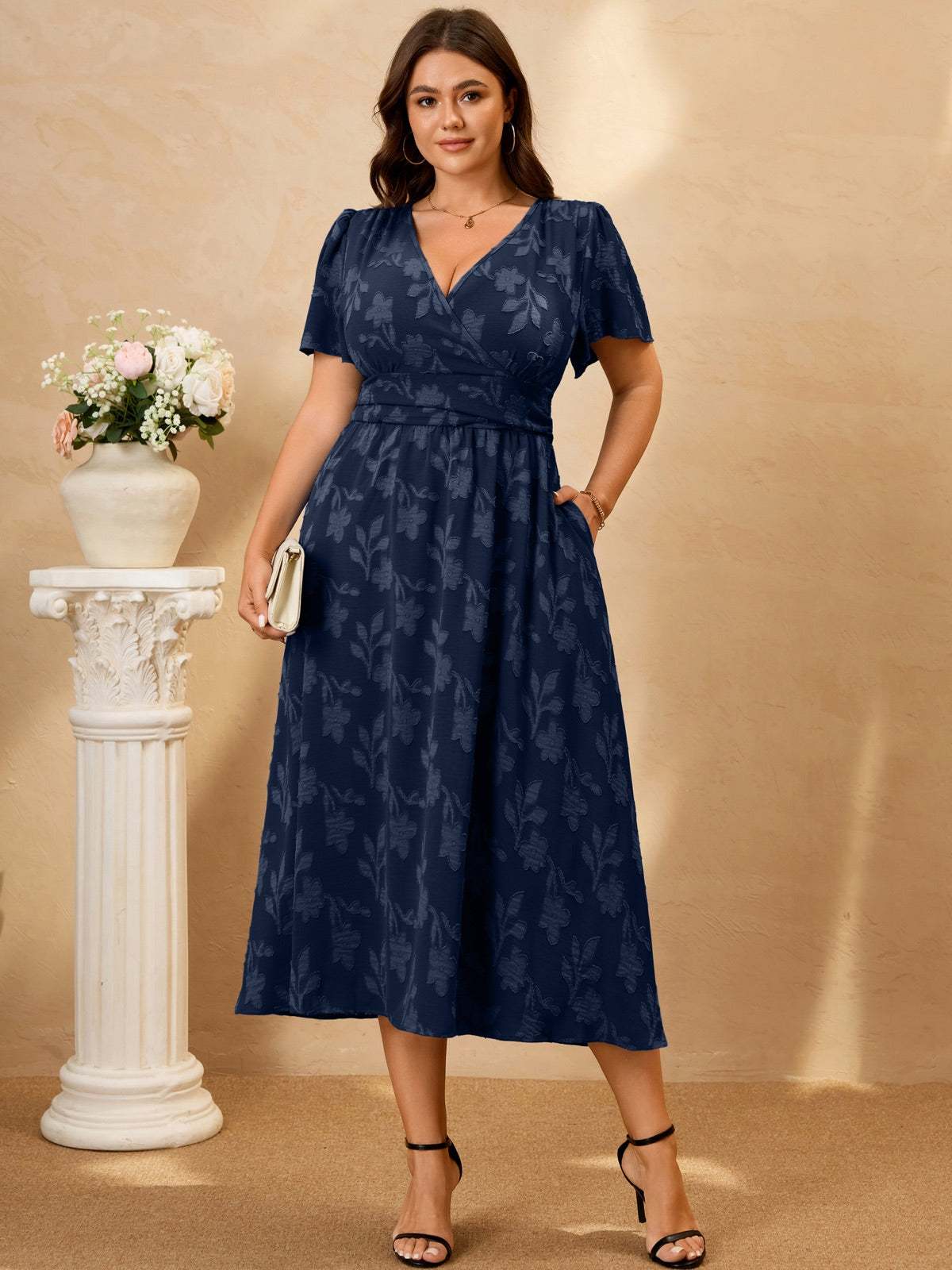 Plus Size Lace V-Neck Midi Dress — Navy Blue gallery image 2