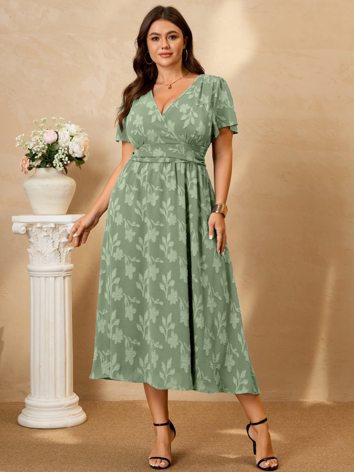 Plus Size Lace V-Neck Midi Dress — Sage Green gallery image 3