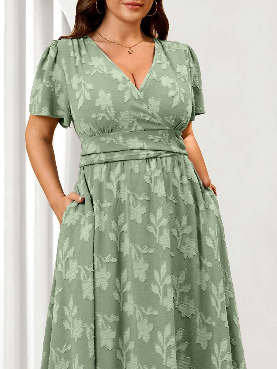 Plus Size Lace V-Neck Midi Dress — Sage Green close-up detail