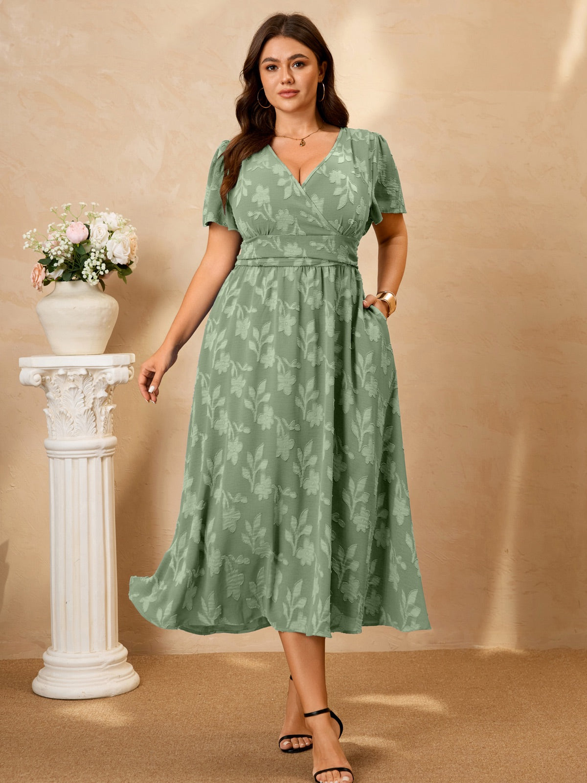 Plus Size Lace V-Neck Midi Dress — Sage Green gallery image 2