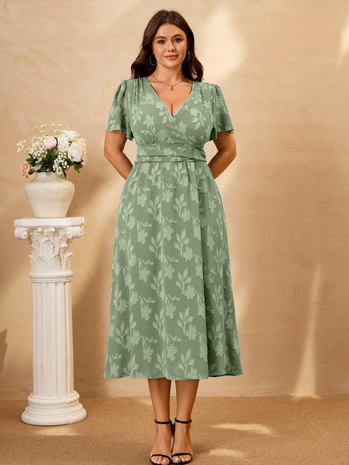 Plus Size Lace V-Neck Midi Dress — Sage Green gallery image 3
