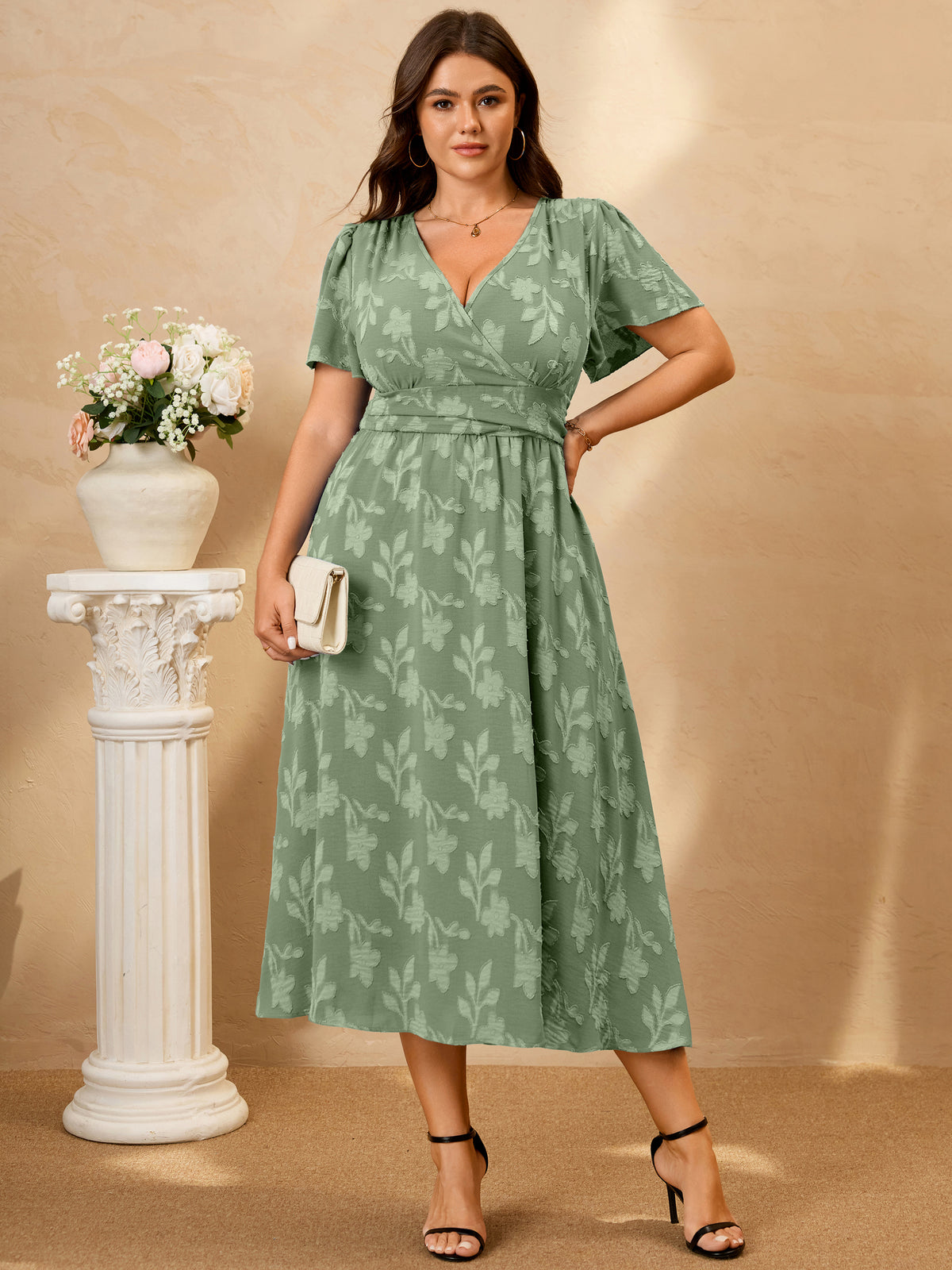 Plus Size Lace V-Neck Midi Dress — Sage Green additional non-white image