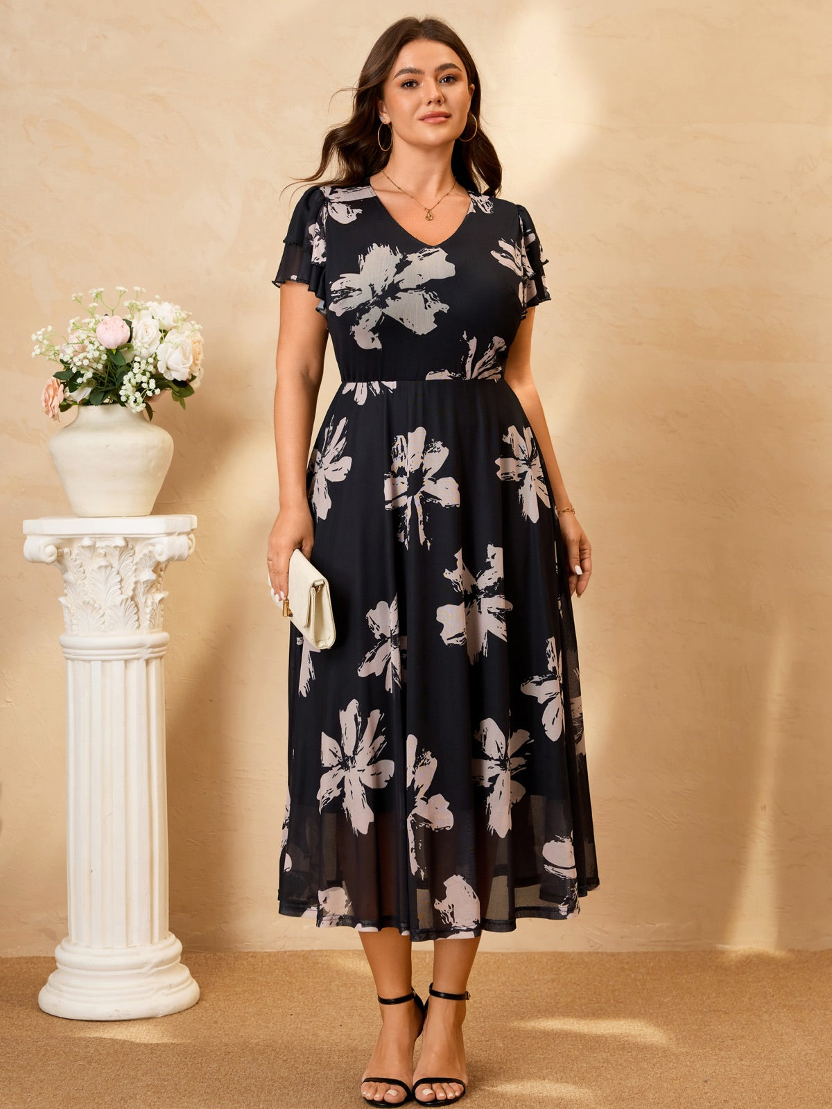 Plus Size Floral Flutter-Sleeve Maxi Dress — Black Floral gallery image 3