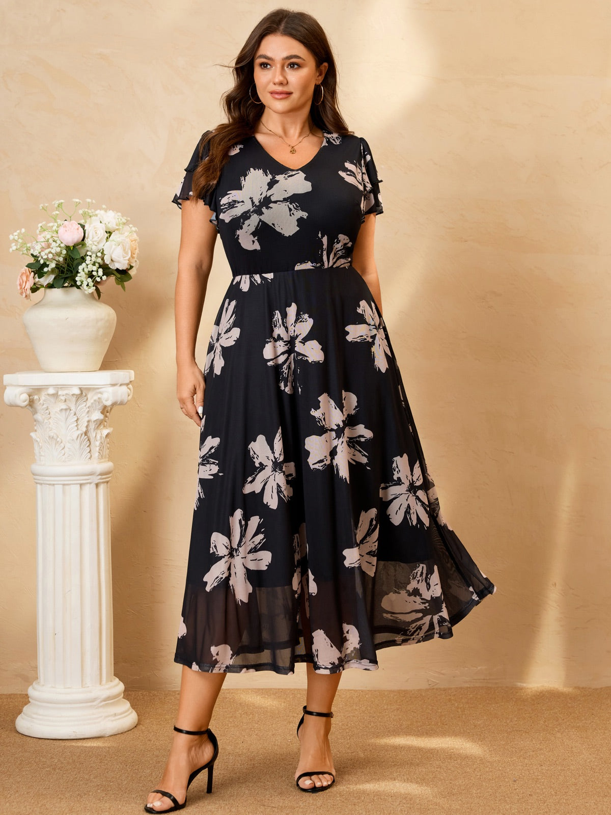 Plus Size Floral Flutter-Sleeve Maxi Dress — Black Floral gallery image 1