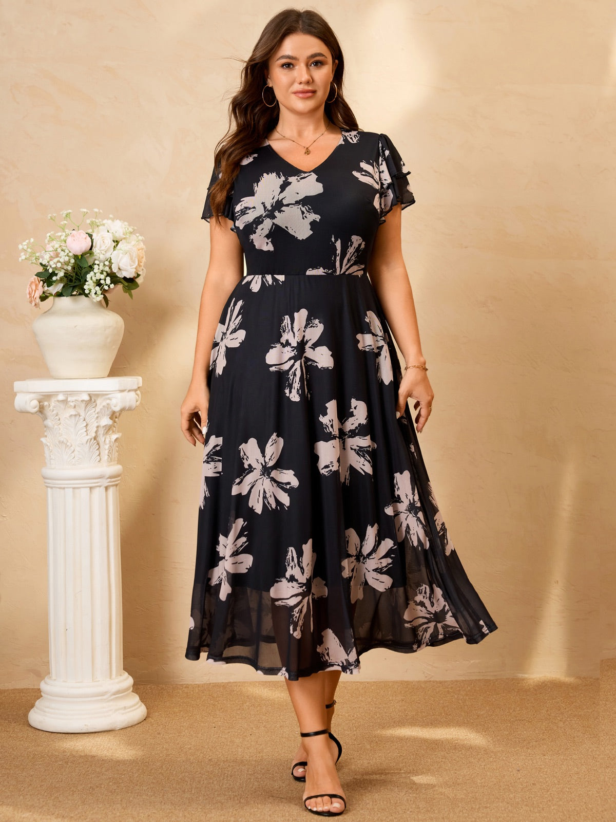Plus Size Floral Flutter-Sleeve Maxi Dress — Black Floral gallery image 2