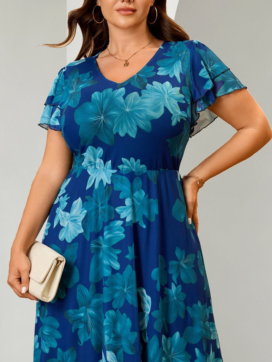 Plus Size Floral Flutter-Sleeve Maxi Dress — Blue Floral close-up detail