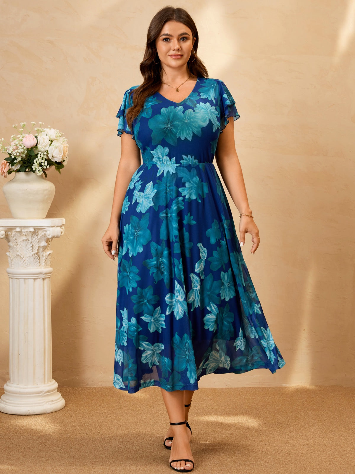 Plus Size Floral Flutter-Sleeve Maxi Dress — Blue Floral gallery image 1