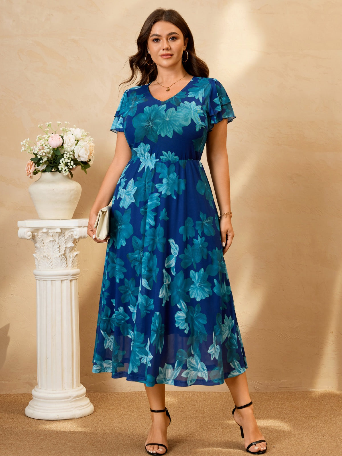 Plus Size Floral Flutter-Sleeve Maxi Dress — Blue Floral gallery image 2