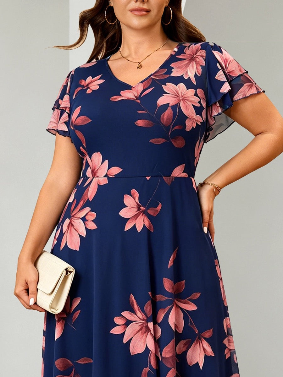 Plus Size Floral Flutter-Sleeve Maxi Dress — Navy Blue Floral close-up detail