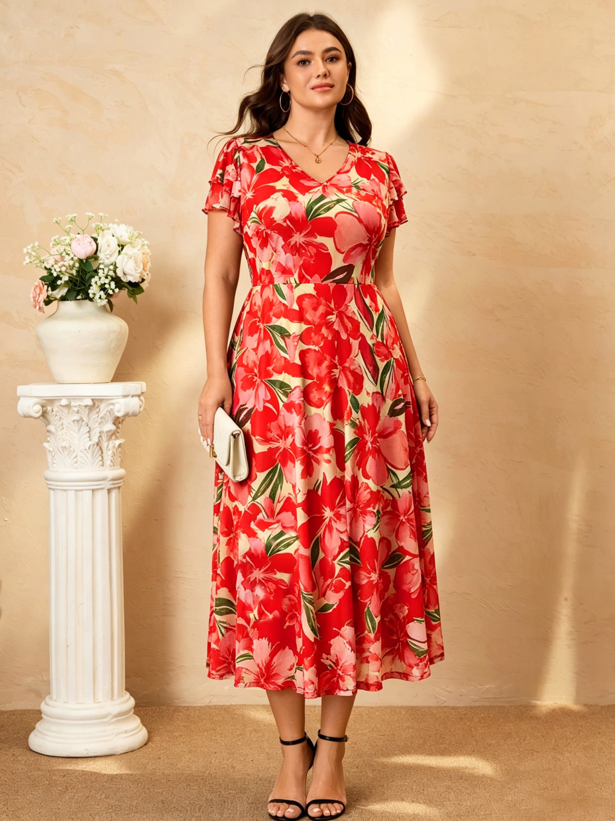 Plus Size Floral Flutter-Sleeve Maxi Dress — Orange Floral gallery image 3