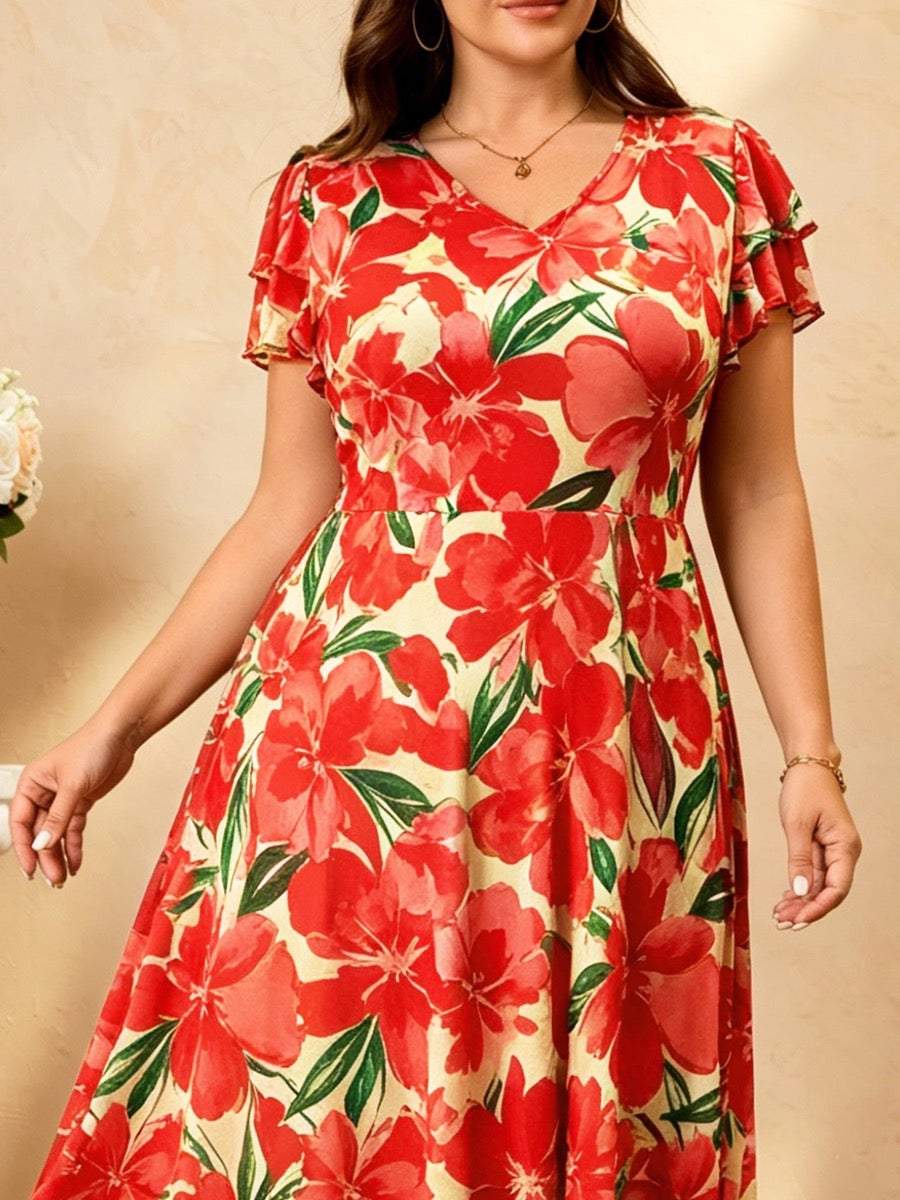 Plus Size Floral Flutter-Sleeve Maxi Dress — Orange Floral close-up detail