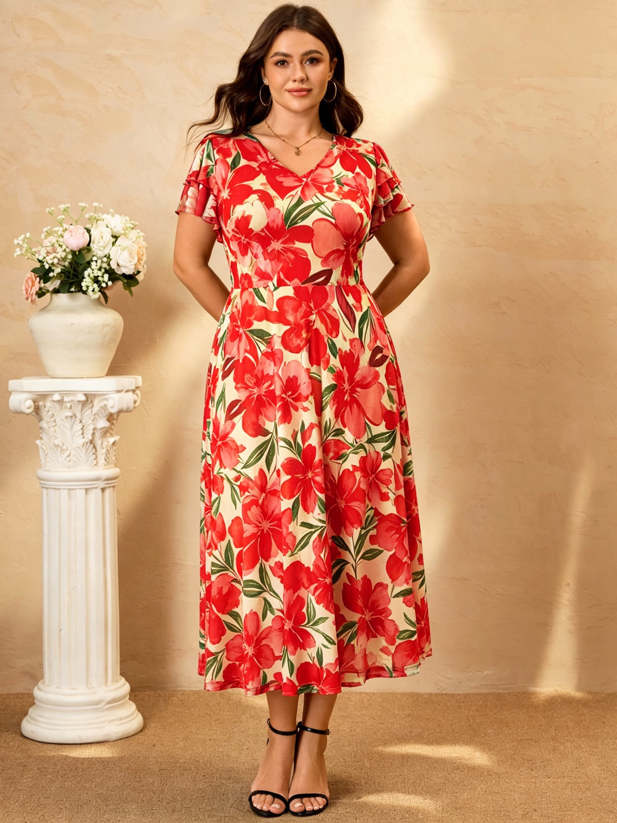 Plus Size Floral Flutter-Sleeve Maxi Dress — Orange Floral gallery image 2