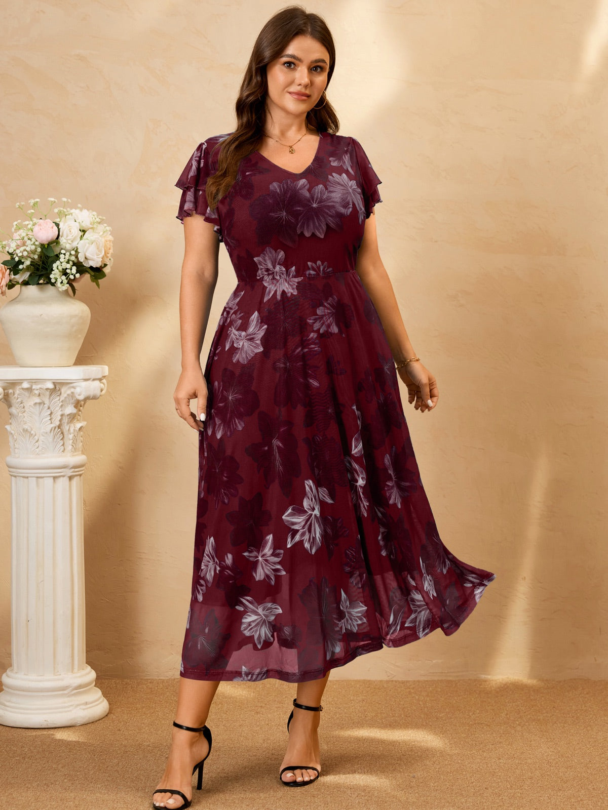 Plus Size Floral Flutter-Sleeve Maxi Dress — Red Floral gallery image 3