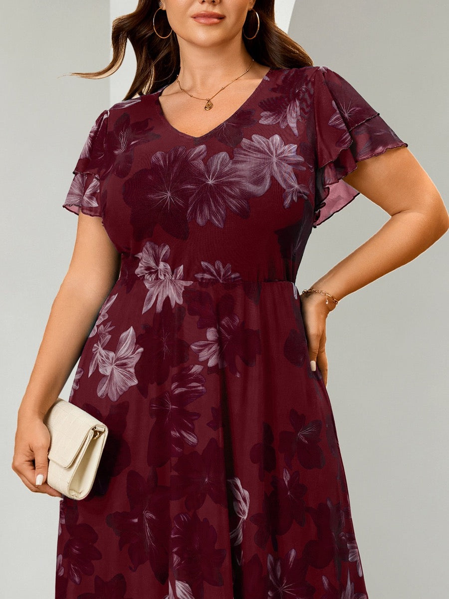 Plus Size Floral Flutter-Sleeve Maxi Dress — Red Floral close-up detail