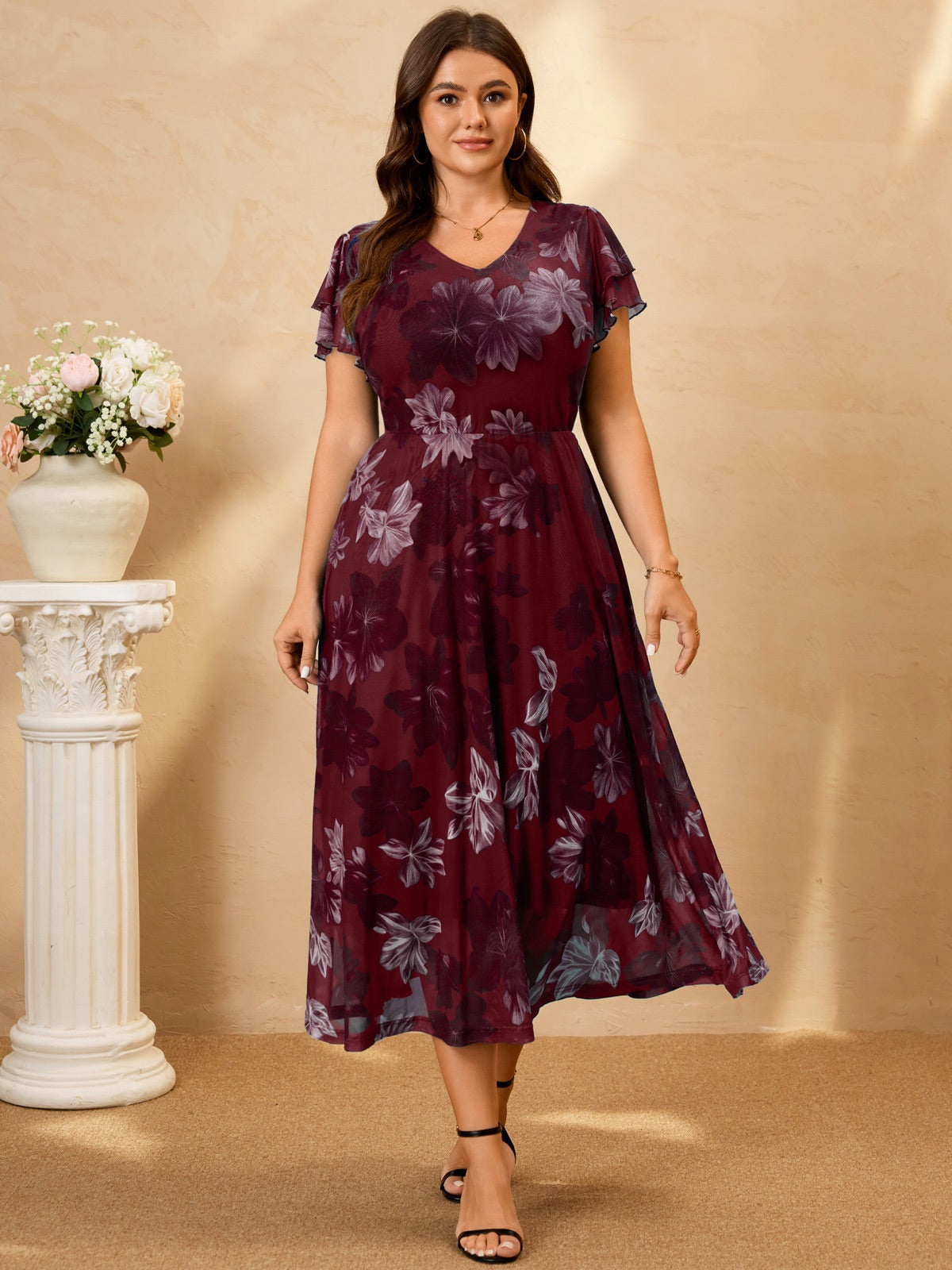 Plus Size Floral Flutter-Sleeve Maxi Dress — Red Floral gallery image 1