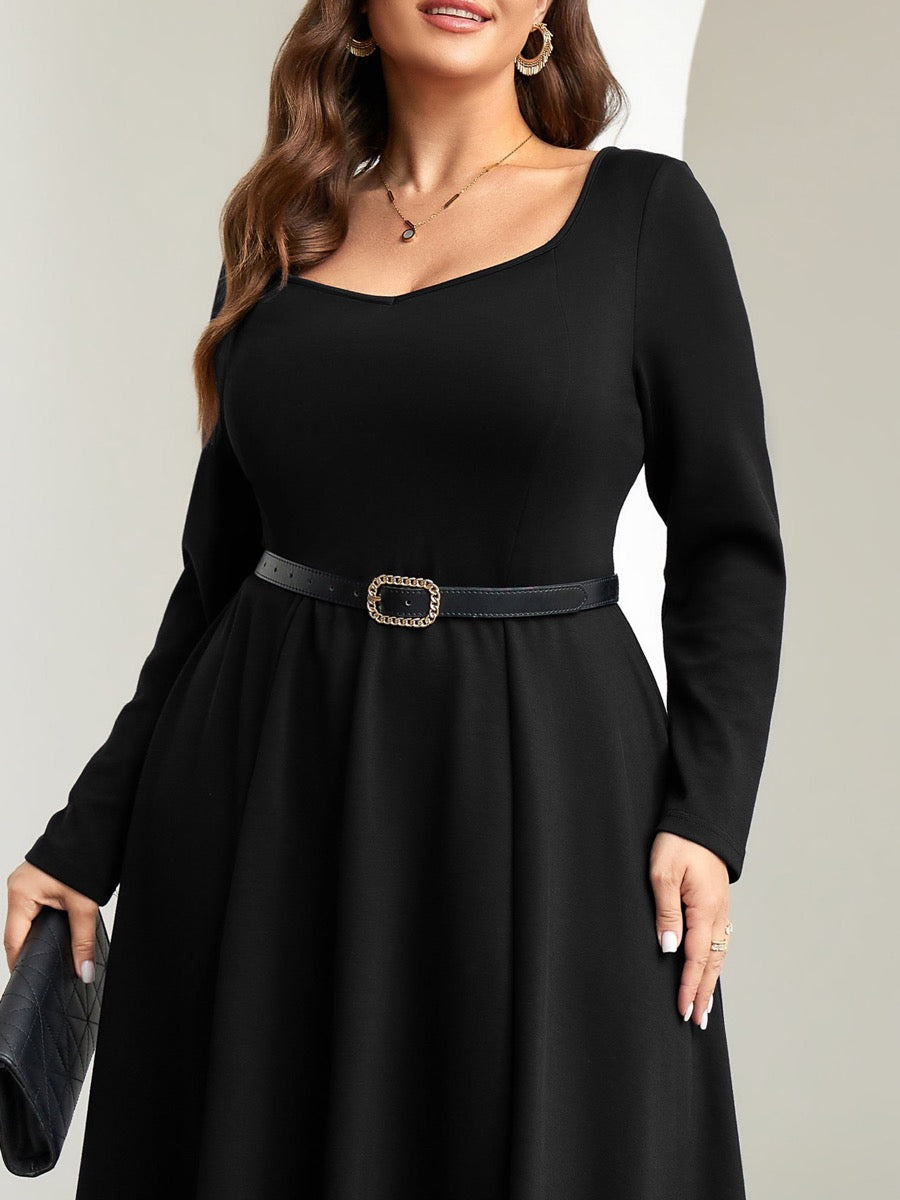Plus Size Square-Neck Long-Sleeve Midi Dress — Black close-up detail