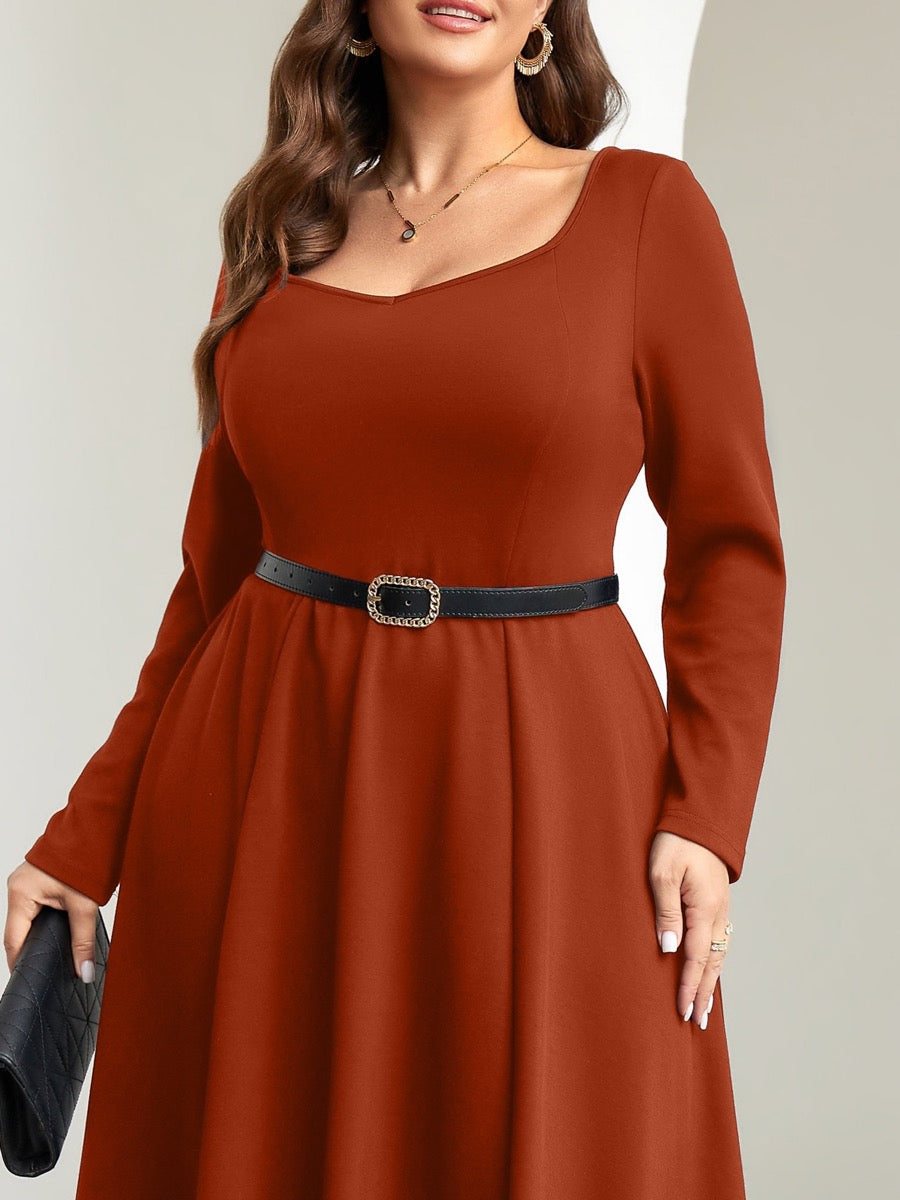 Plus Size Square-Neck Long-Sleeve Midi Dress — Brown close-up detail