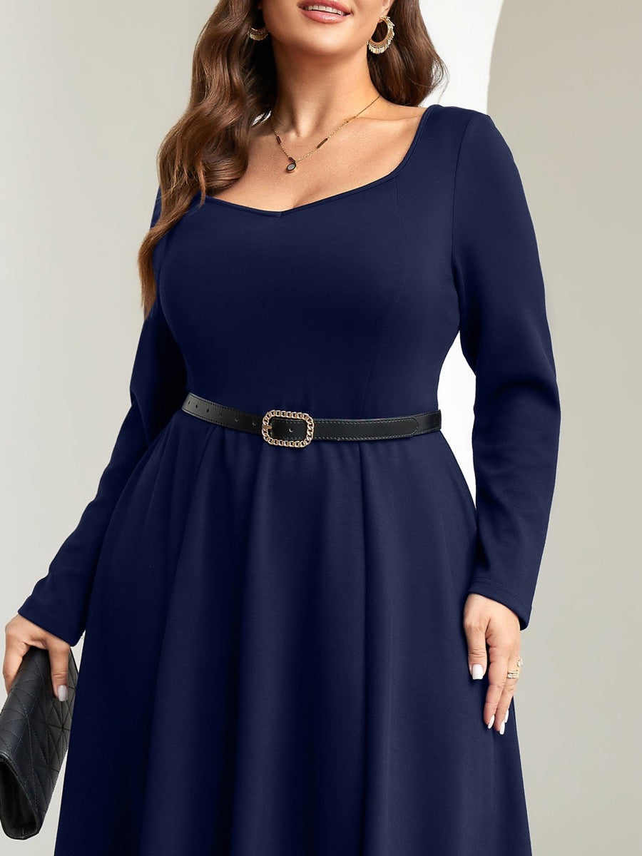 Plus Size Square-Neck Long-Sleeve Midi Dress — Navy Blue close-up detail