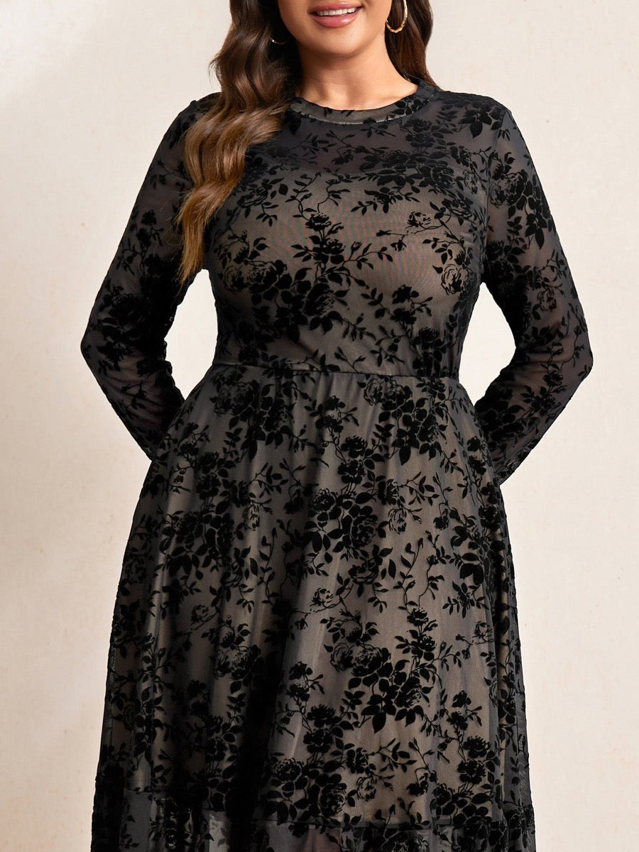 Plus Size Lace Long-Sleeve Midi Dress — Black Flocking Floral close-up detail