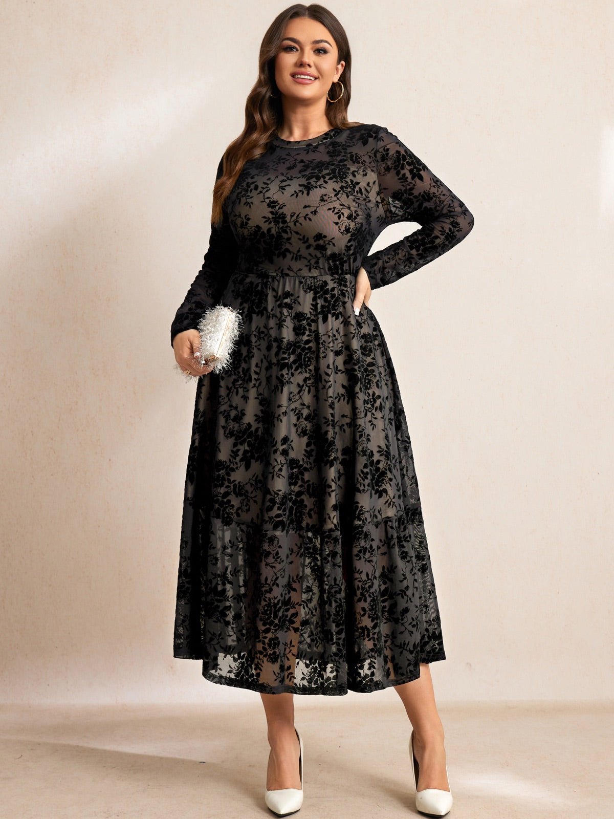 Plus Size Lace Long-Sleeve Midi Dress — Black Flocking Floral gallery image 1