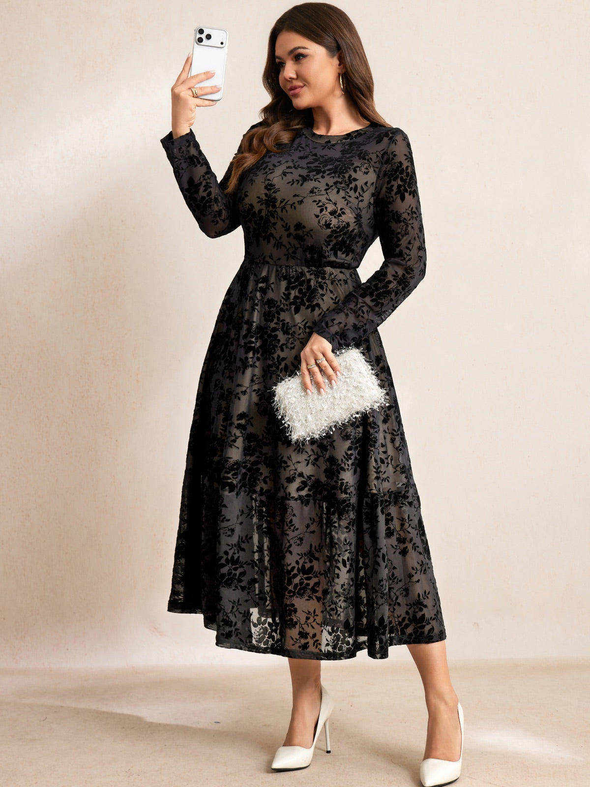 Plus Size Lace Long-Sleeve Midi Dress — Black Flocking Floral gallery image 2