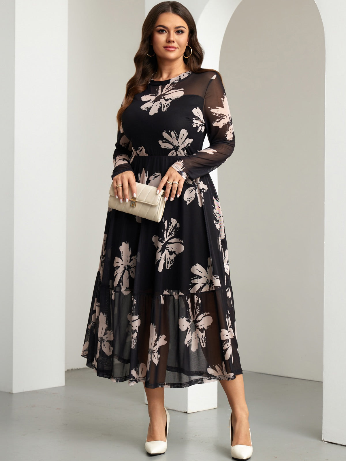 Plus Size Lace Long-Sleeve Midi Dress — Black Floral gallery image 3