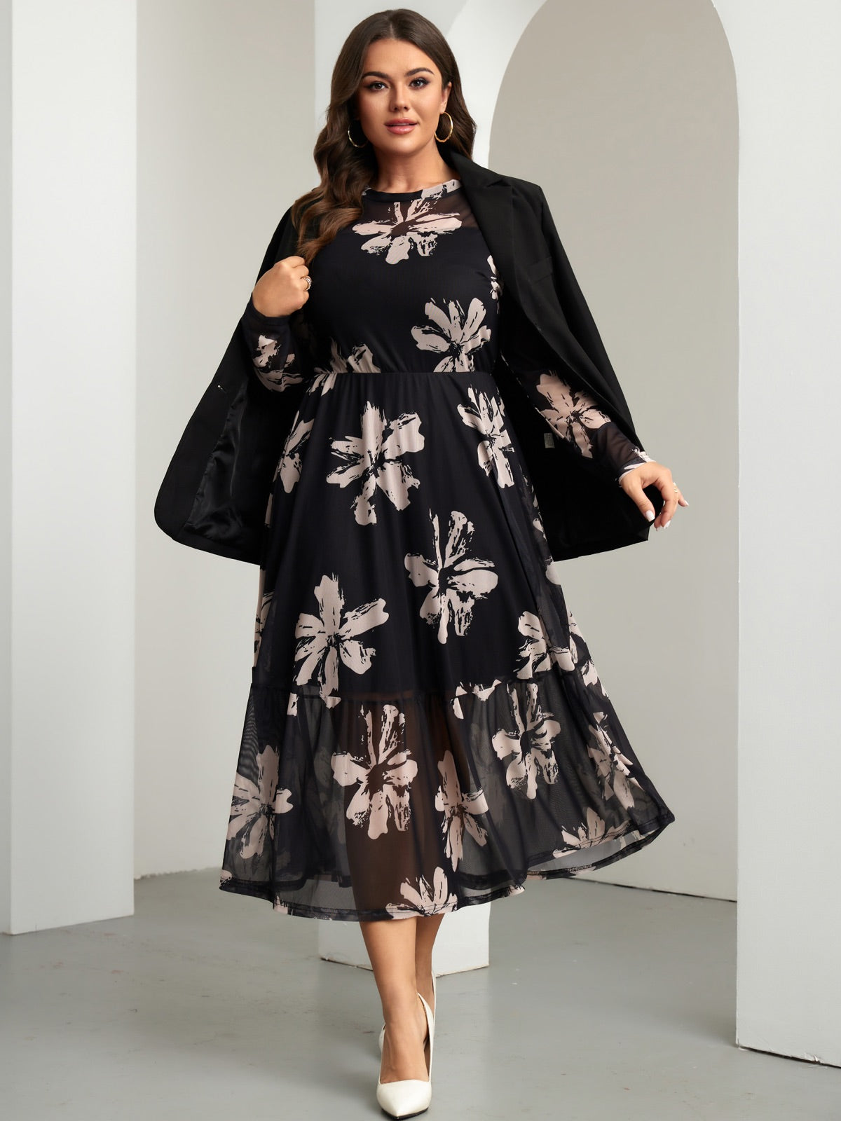 Plus Size Lace Long-Sleeve Midi Dress — Black Floral gallery image 3