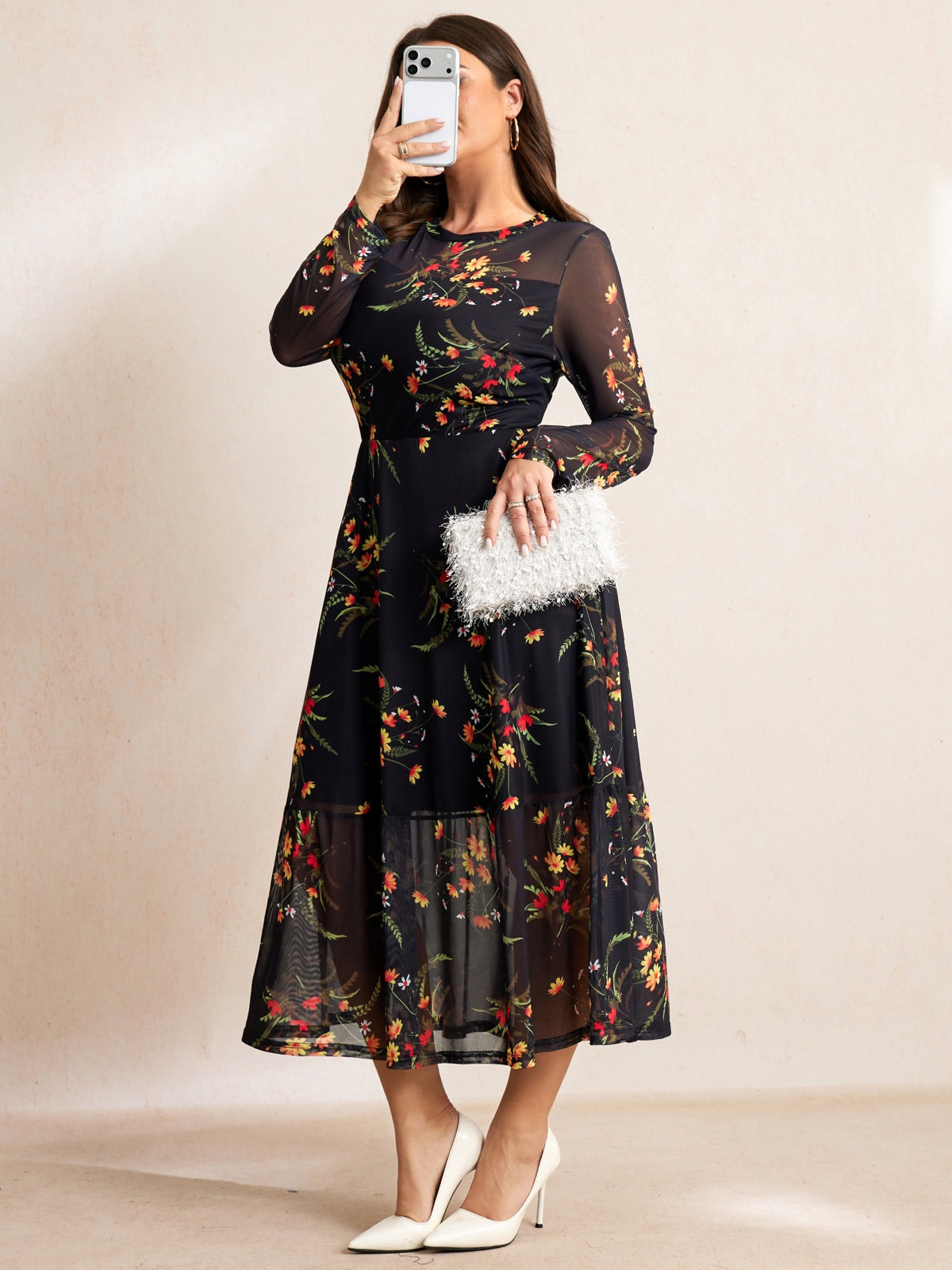 Plus Size Lace Long-Sleeve Midi Dress — Black Yellow Floral gallery image 3