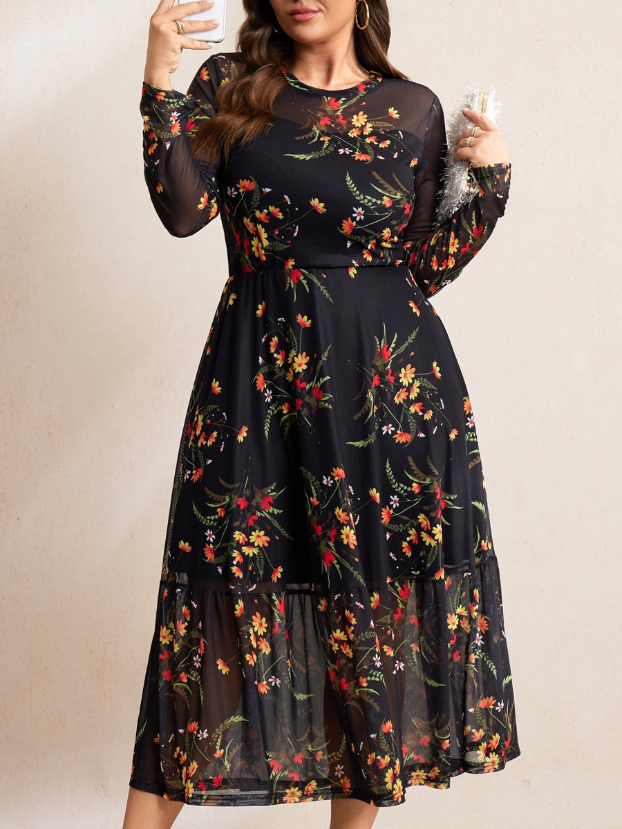 Plus Size Lace Long-Sleeve Midi Dress — Black Yellow Floral close-up detail