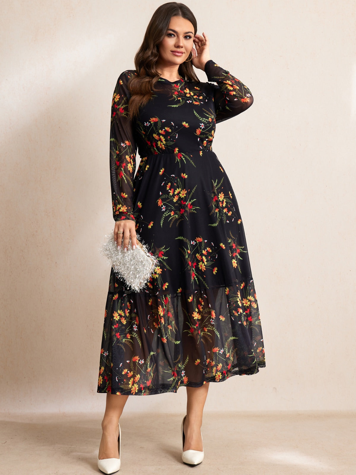 Plus Size Lace Long-Sleeve Midi Dress — Black Yellow Floral gallery image 2