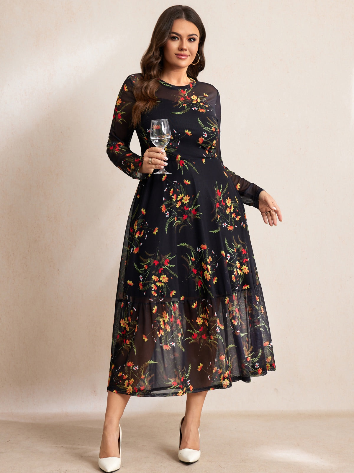 Plus Size Lace Long-Sleeve Midi Dress — Black Yellow Floral gallery image 3