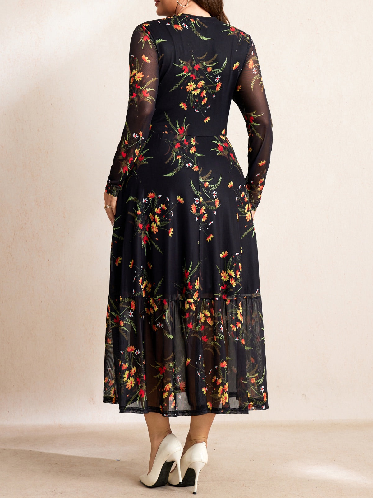 Plus Size Lace Long-Sleeve Midi Dress — Black Yellow Floral gallery image 4