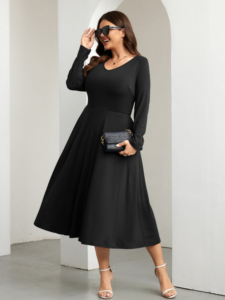 Plus Size Long-Sleeve Fit-and-Flare Midi Dress — Black