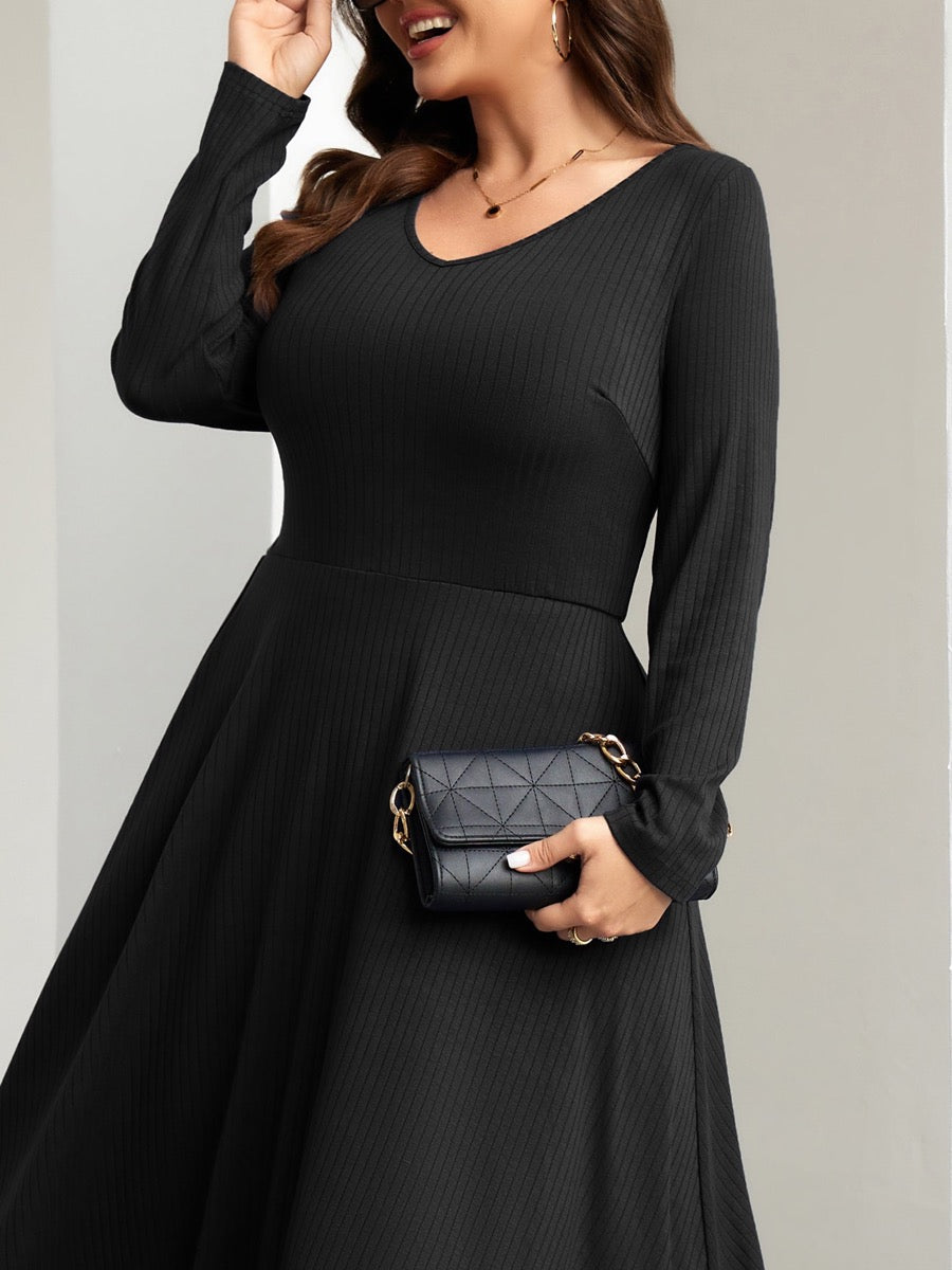 Plus Size Long-Sleeve Fit-and-Flare Midi Dress — Black close-up detail