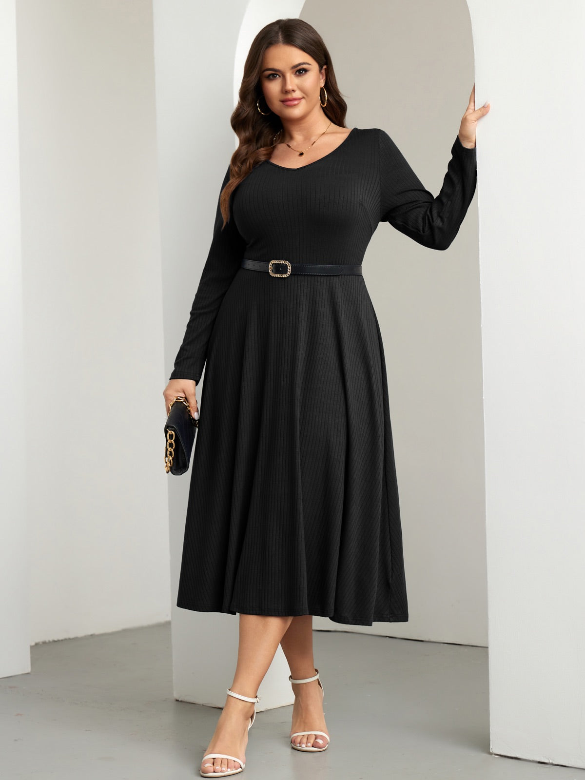 Plus Size Long-Sleeve Fit-and-Flare Midi Dress — Black gallery image 1