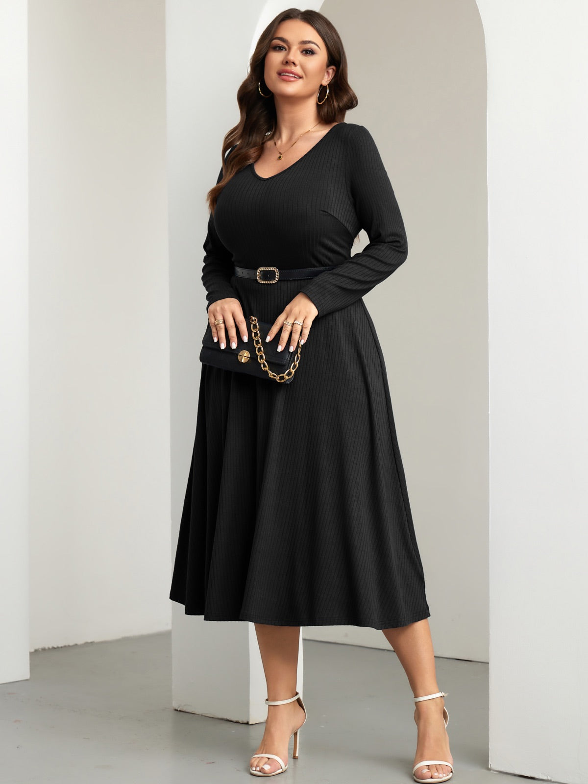 Plus Size Long-Sleeve Fit-and-Flare Midi Dress — Black gallery image 2