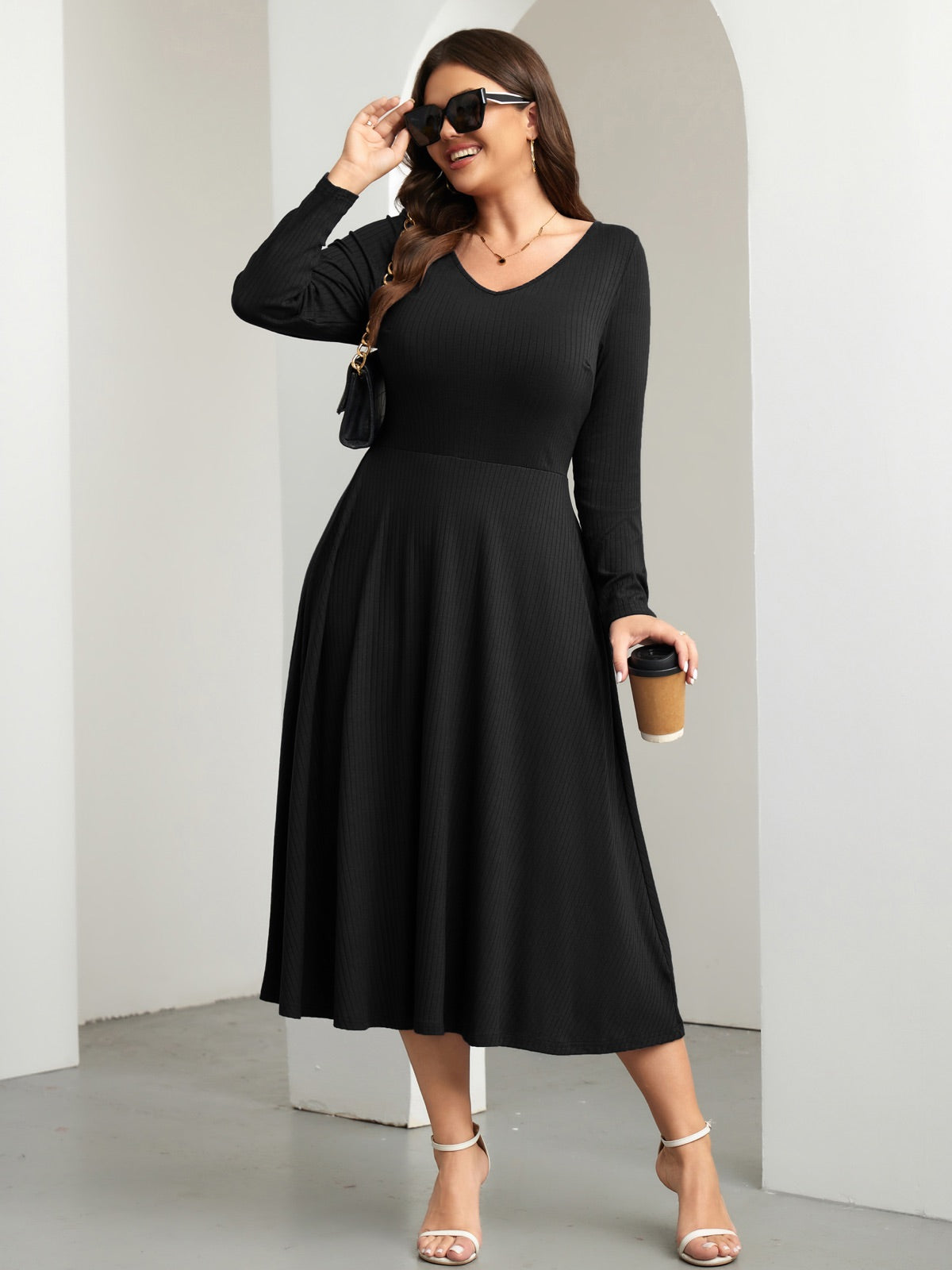 Plus Size Long-Sleeve Fit-and-Flare Midi Dress — Black gallery image 4