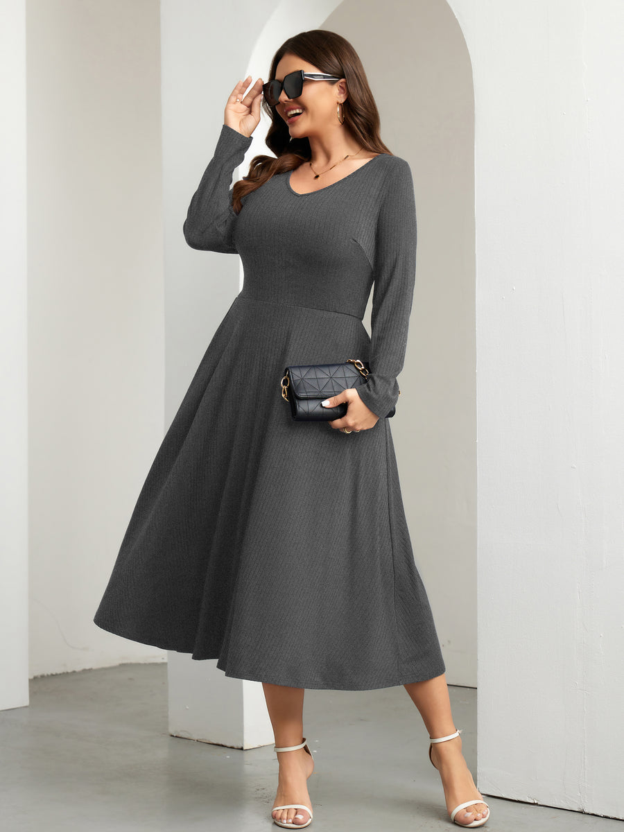 Plus Size Long-Sleeve Fit-and-Flare Midi Dress — Gray