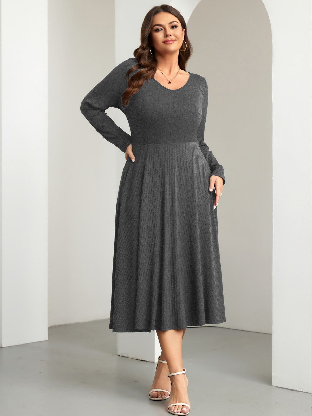 Plus Size Long-Sleeve Fit-and-Flare Midi Dress — Gray gallery image 3