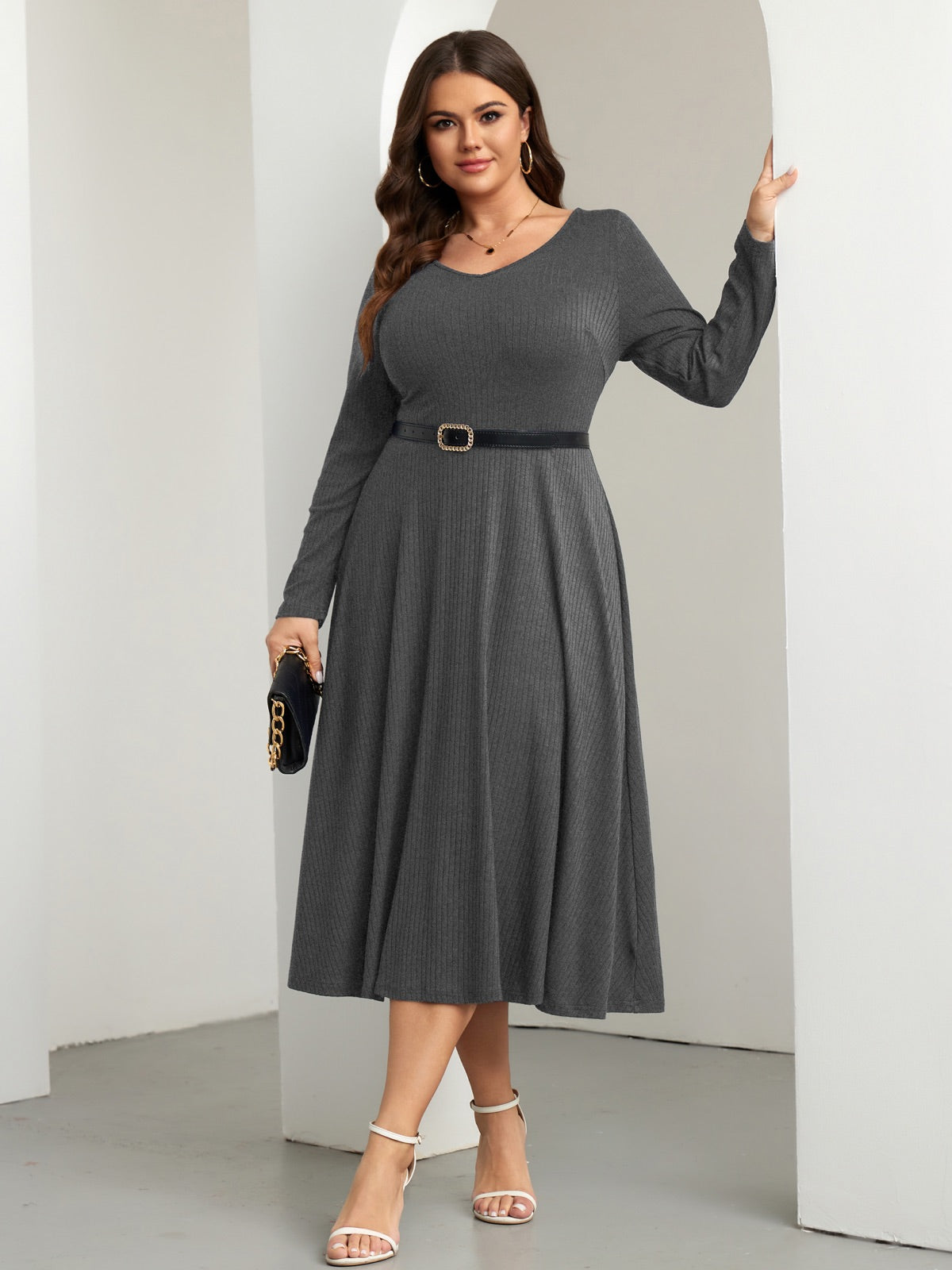 Plus Size Long-Sleeve Fit-and-Flare Midi Dress — Gray gallery image 1