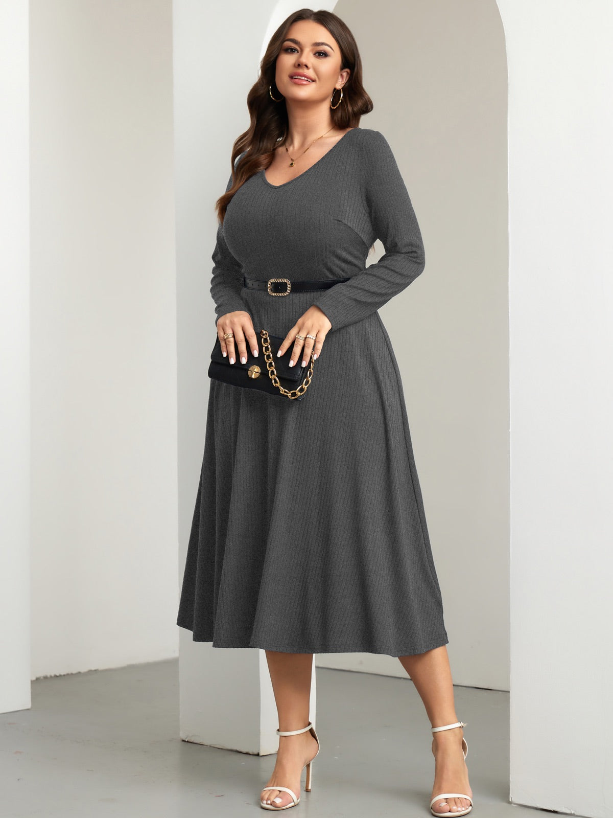 Plus Size Long-Sleeve Fit-and-Flare Midi Dress — Gray gallery image 2